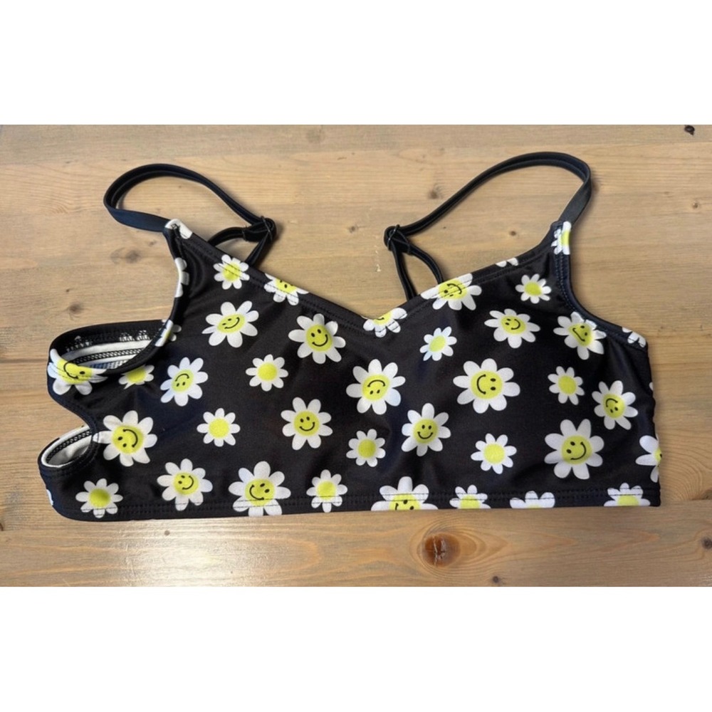 Art Class Girls Black Daisy Smiley Face Bikini Swim Top XL 14 Adjustable Straps